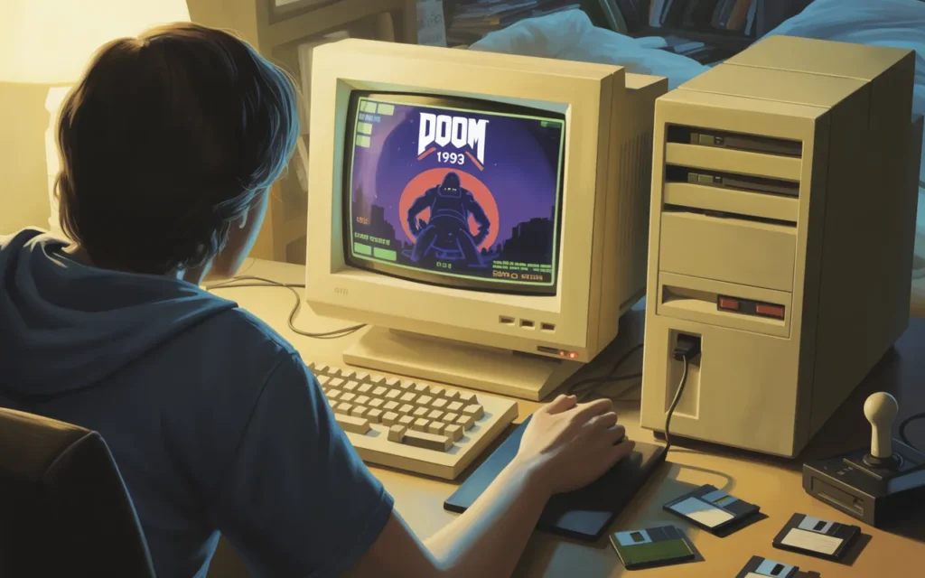 Setup de PC gamer dos anos 90 com monitor CRT Evolução dos jogos TrustLoot 3