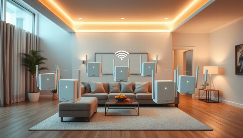 A modern, sleek mesh Wi-Fi system with multiple access points arranged in a visually appealing layout. The access points have a clean, minimalist design with soft glowing indicator lights. They are positioned strategically around a minimalist, contemporary living room, creating a seamless, high-speed wireless coverage. The room is filled with warm, indirect lighting, casting a cozy, inviting atmosphere. The mesh network is depicted from an angle that showcases its elegant, space-saving form factor and how it blends harmoniously with the home decor. The overall scene conveys the ease and convenience of expanding Wi-Fi coverage using a cutting-edge mesh system.