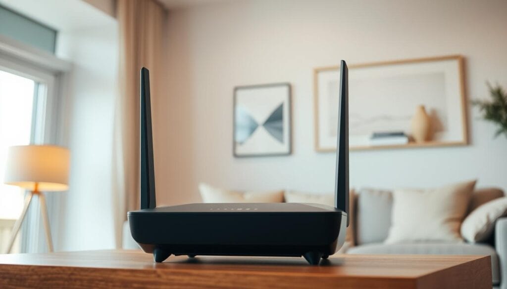 A modern, well-designed wireless router positioned at an optimal height and angle, bathed in warm, soft lighting that accentuates its sleek, minimalist form. The router is situated in a cozy, uncluttered living space, surrounded by natural textures and subtle decor elements that create a harmonious, inviting atmosphere. The camera angle showcases the router's strategic placement, highlighting how its positioning can maximize Wi-Fi coverage and signal strength throughout the room. The overall scene conveys a sense of efficiency, connectivity, and technological elegance.