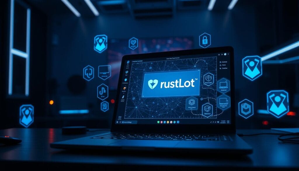 A modern, sleek computer desk setup is showcased in the foreground, featuring a high-end laptop with a glowing screen displaying a virus removal tool interface branded "TrustLoot." The middle layer includes various cybersecurity tools and software icons, subtly represented as floating holograms around the laptop. In the background, a dimly lit room enhances the focus on the computer, with a soft blue glow emanating from the screen, suggesting a sense of security. The atmosphere is tense yet professional, conveying urgency in cybersecurity. A set of protective, futuristic holographic shields appear to surround the laptop, symbolizing defense against malware. The angle of the shot is slightly elevated, providing a comprehensive view that emphasizes the importance of digital safety.